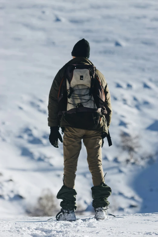the back of a person with a backpack on snow shoes
