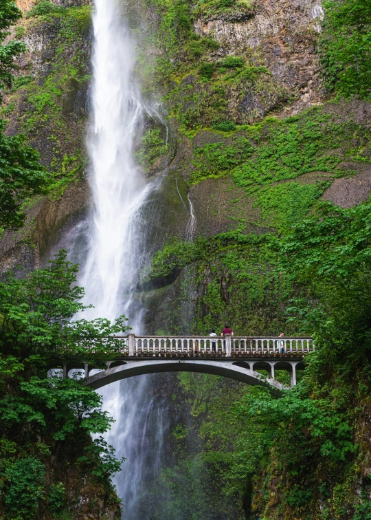 a small bridge over a river leading to a waterfall