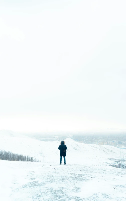 a person stands in the snow looking at the sky
