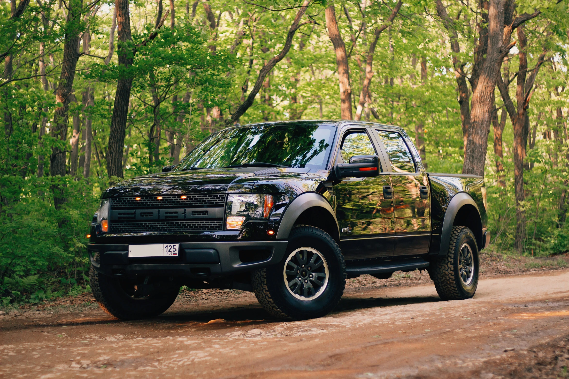 the black truck is parked on the dirt road