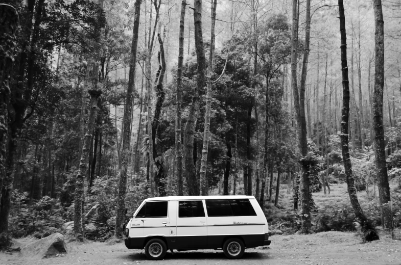 a van is parked in the woods next to some trees