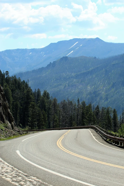 an empty, winding road in the mountains with evergreens