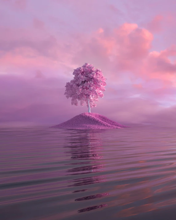 this is an artist's painting of a tree floating on an island