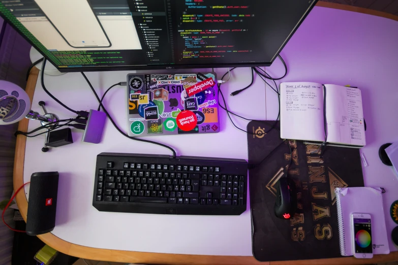 a desk with a keyboard, monitor and mouse