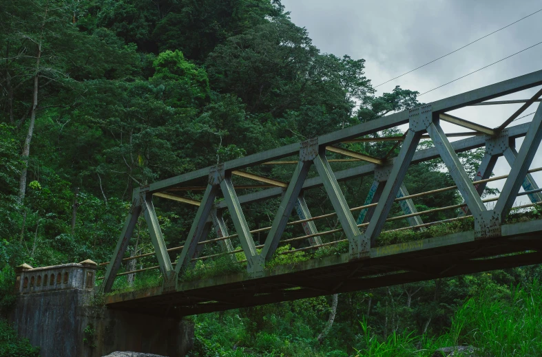 an old bridge is crossing over a river with green trees and a wooden shack nearby