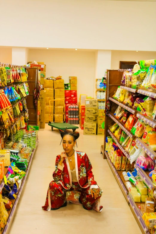 there is a girl sitting on the floor in a store