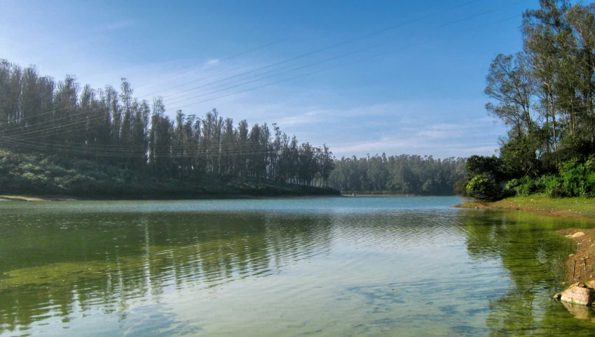 a body of water near trees and a mountain