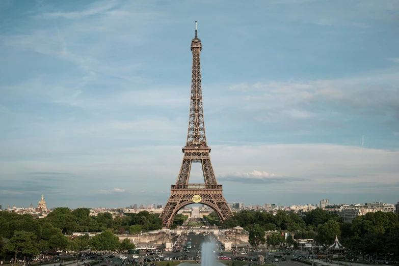 the view of the eiffel tower from the water fountain