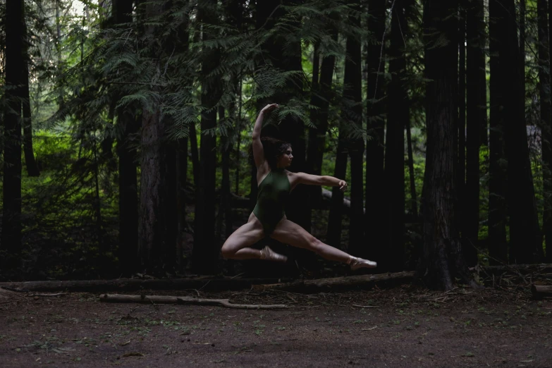 a dancer dancing on a log in the woods