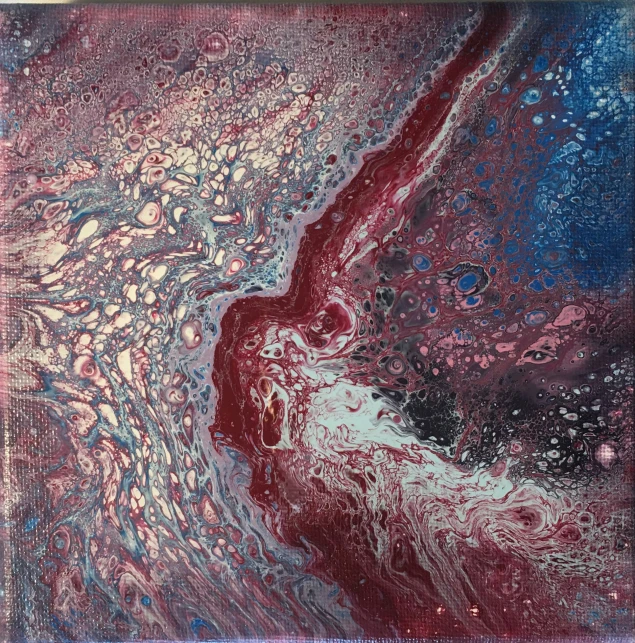 abstract paintings of colored liquid on a red background