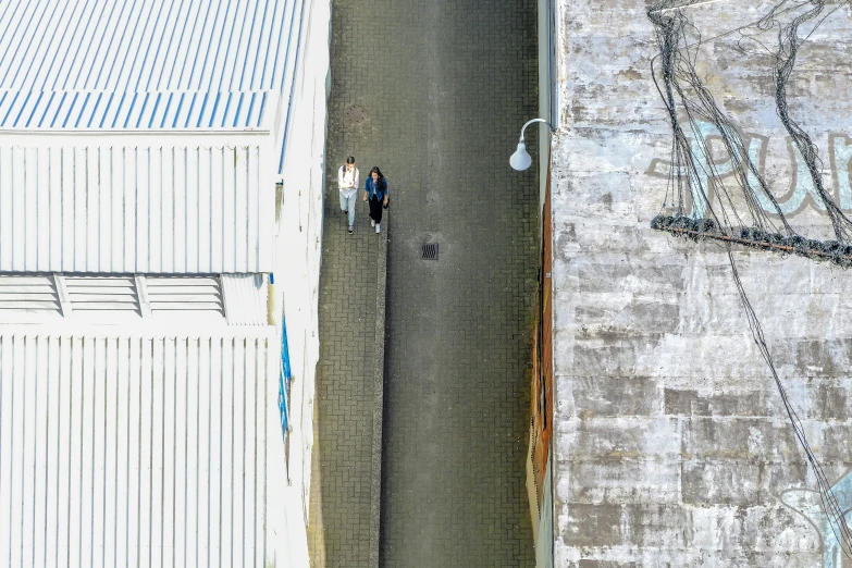 an aerial po of two people walking down the road