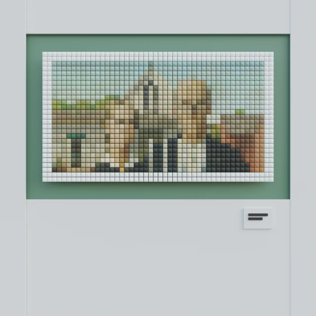 a cross stitch picture on a green wall