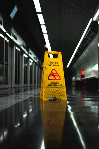 an caution sign sits in the middle of a walkway