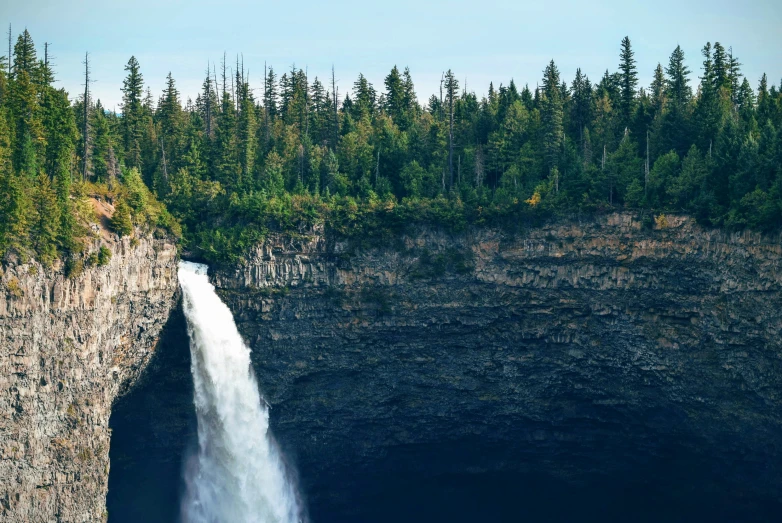 water spouts from the bottom of a waterfall into a dark, deep forest