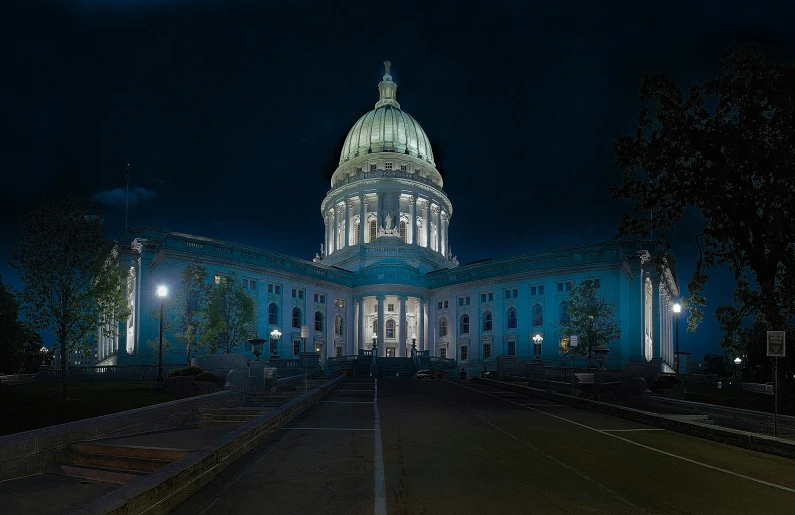 this is an image of a large building at night