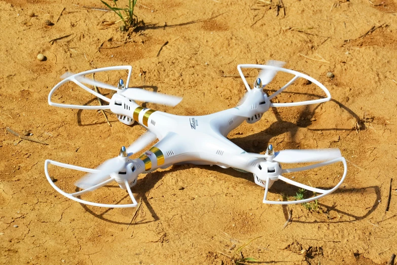 the remote controlled drone is on the ground