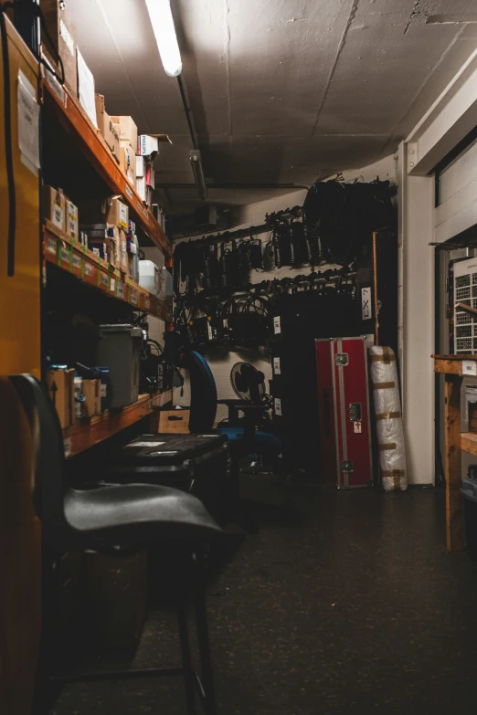 inside of garage where there are many items stored