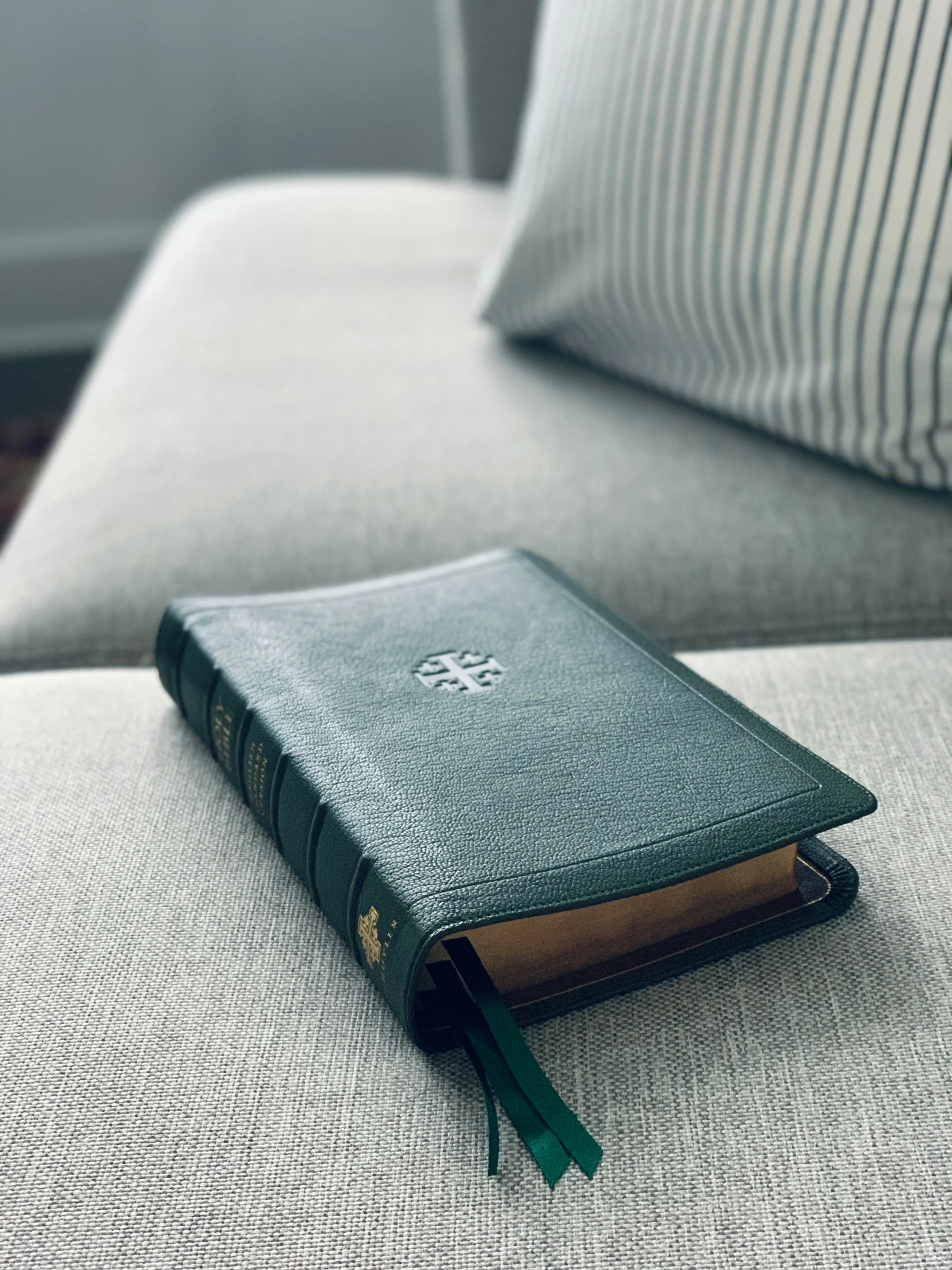 a green leather book sitting on top of a white couch