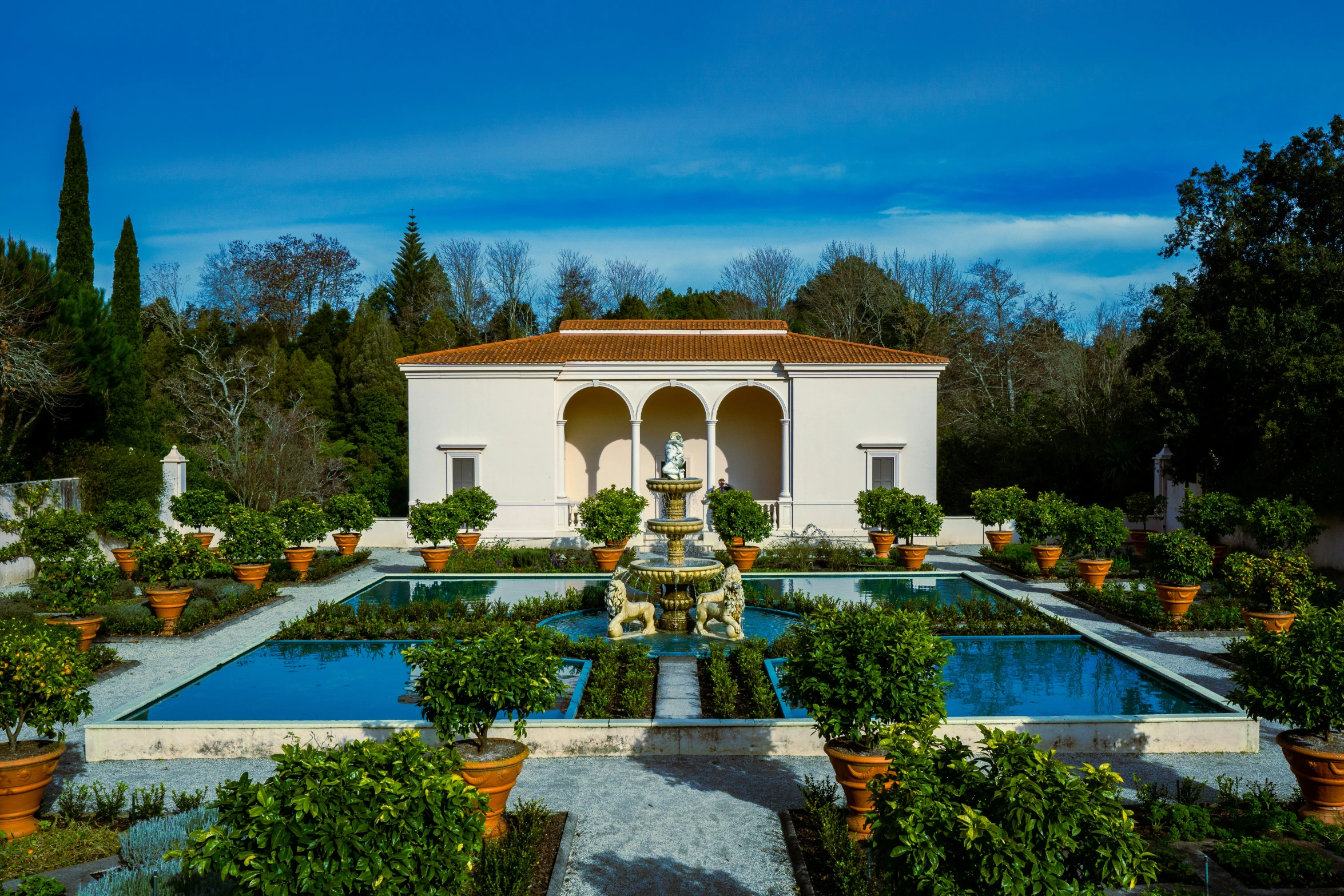 an aerial view of a house garden and its pool