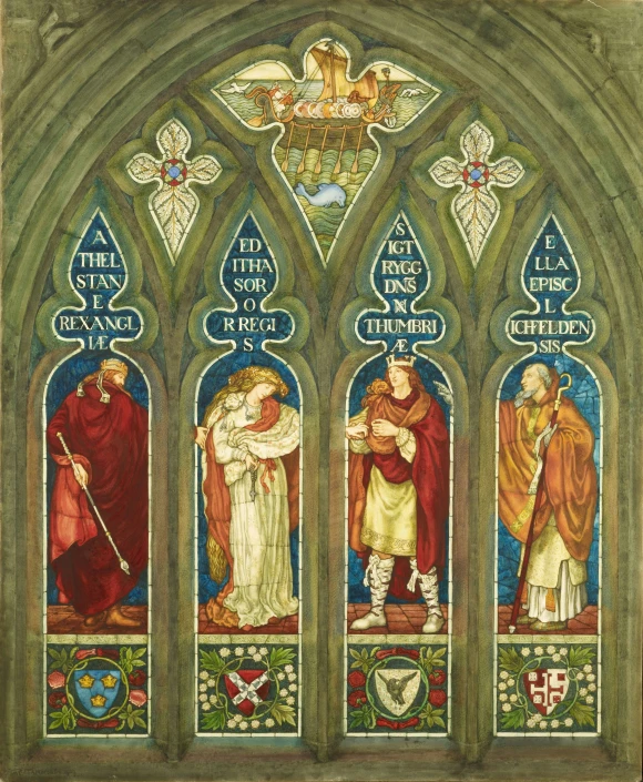 a painting shows the four windows in a gothic building