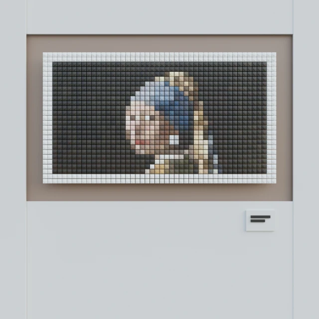 a little boy in a blue and black hat looking through a window made out of lego bricks