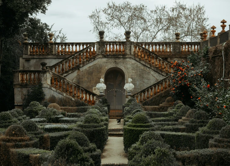 an elaborate stairway leads up to the back entrance of a formal building