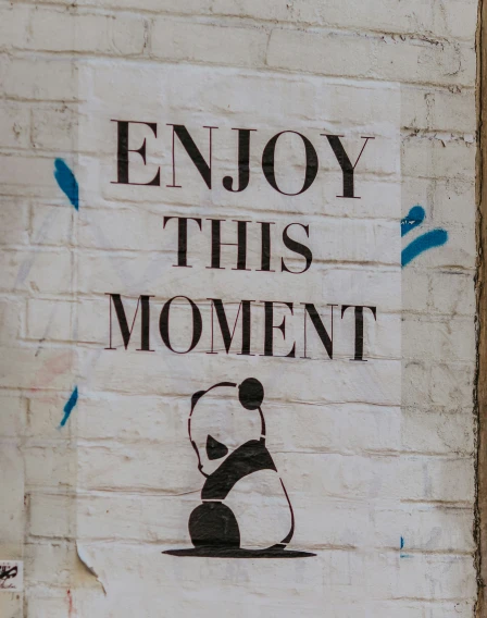 this is a panda bear and its message painted on a brick wall