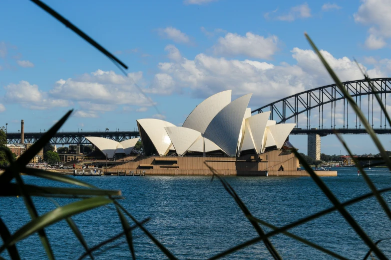 a close up of the sydney opera house and harbour bridge