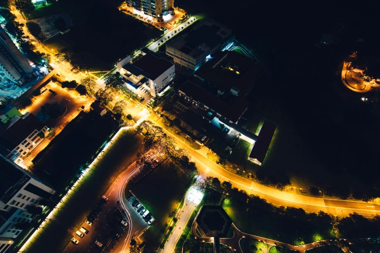 an overhead view of a city at night