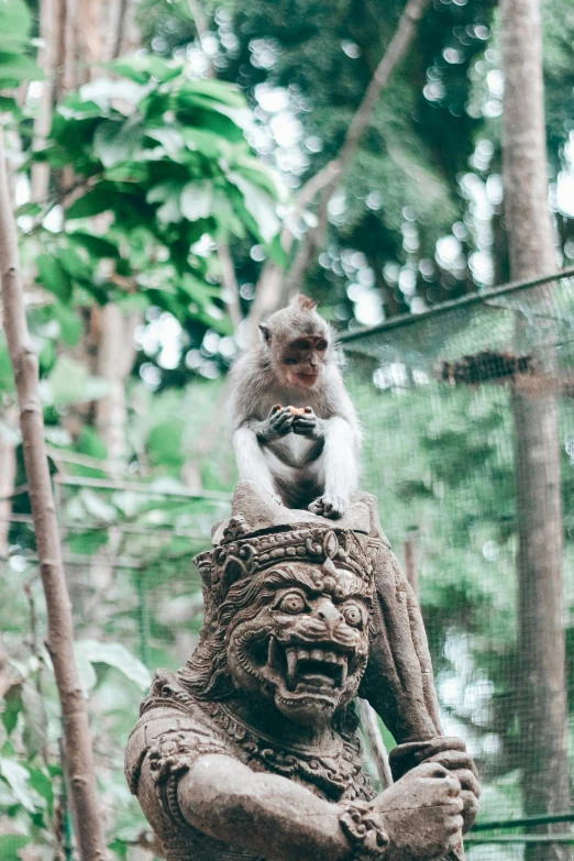 a statue of a man and a monkey in front of trees