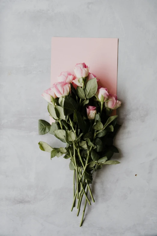 a bouquet of pink roses sitting on top of a pink card