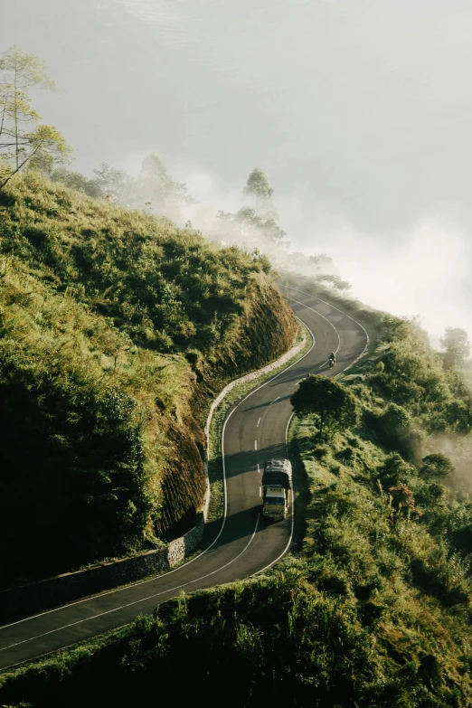 two vehicles driving on a road in the middle of the forest