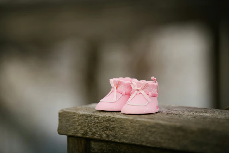 baby shoes with pink bows are sitting on a wooden bench