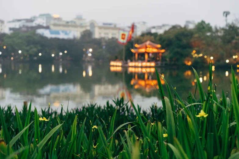 a scenic pond, with an asian building in the background