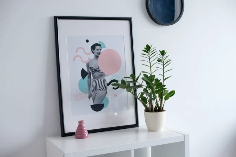 a white shelf with a potted plant next to a framed print