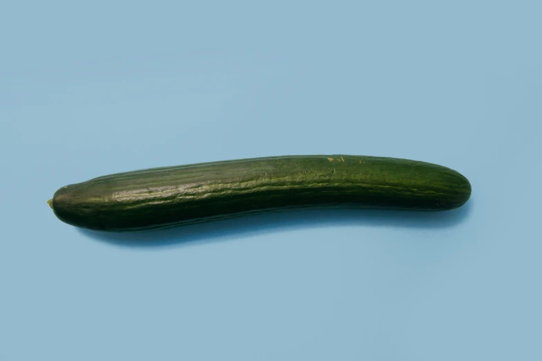 a green pickle resting on top of a blue surface