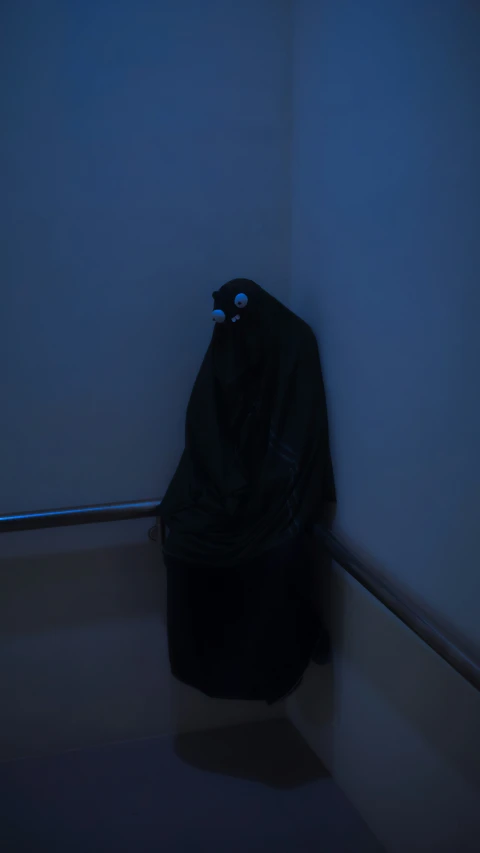 a dark and shadowy room with an over sized coat hanging from the corner