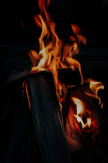 closeup of a large wood with fire blazing from it
