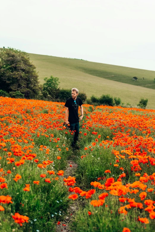 a man walking in a field full of flowers