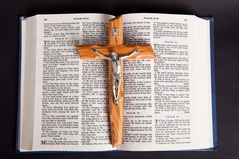 a wooden cross on top of an open bible