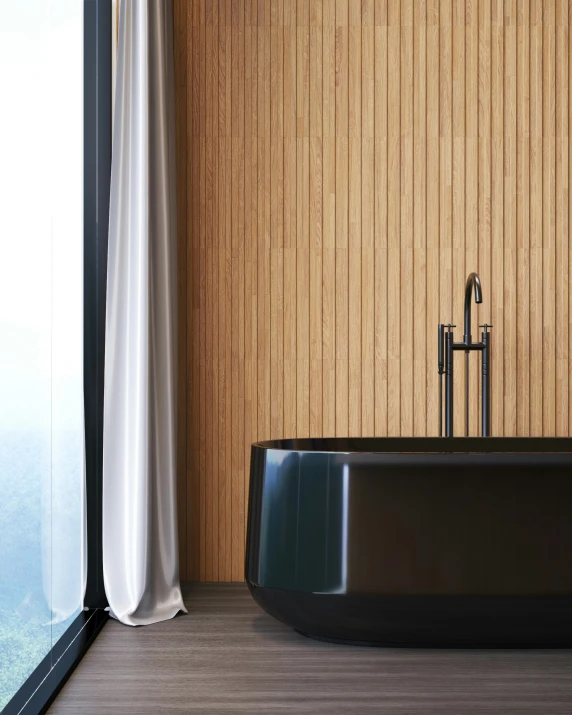 an elegant bath tub by a window with curtains