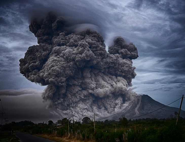 a large plume of smoke and steam rises from the mountain top