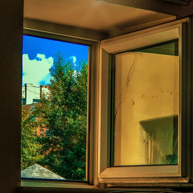 an open window shows trees outside, and a building