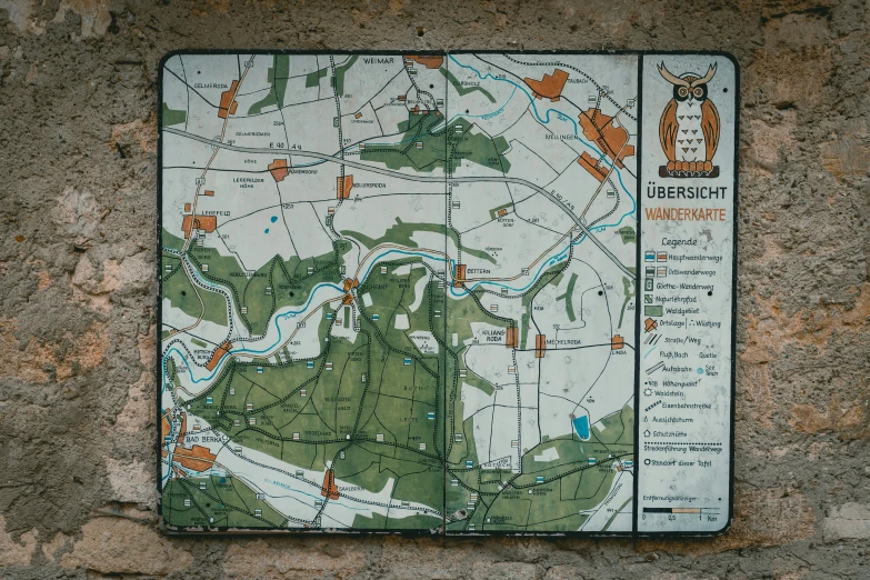 a map sitting on top of a stone wall