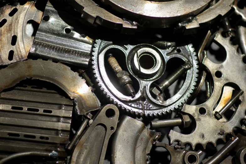 gears that are stacked high together in a room