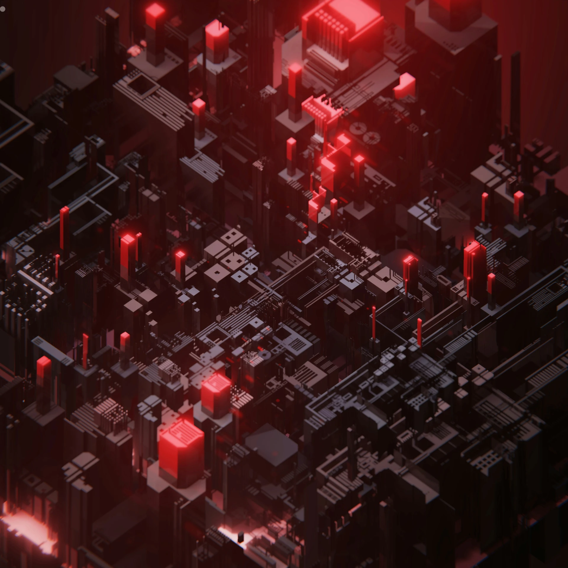 a black and red digital design consisting of many objects