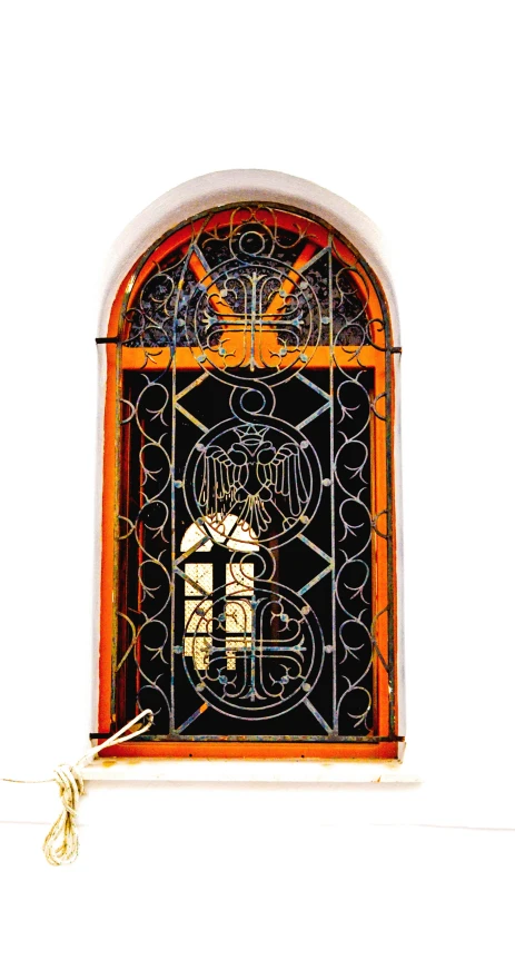 a view of a stained glass window with an emblem