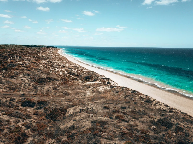 a deserted beach sits at the edge of a wide blue ocean