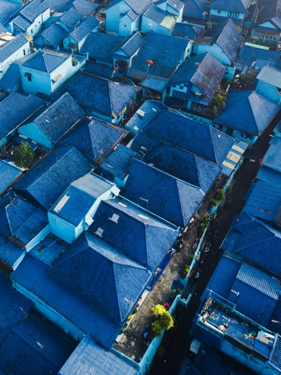 aerial s of many blue buildings from the air