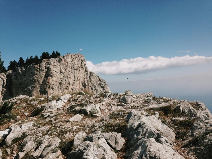 a rocky mountain with a tree on top of it